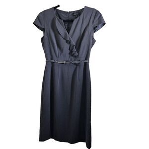 TAHARI Ruffle Neck Belted Dress Short Sleeve Lined Womens Size 2 Dark Gray